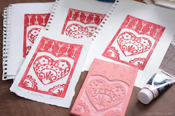 Lino-cut Valentine's block printing